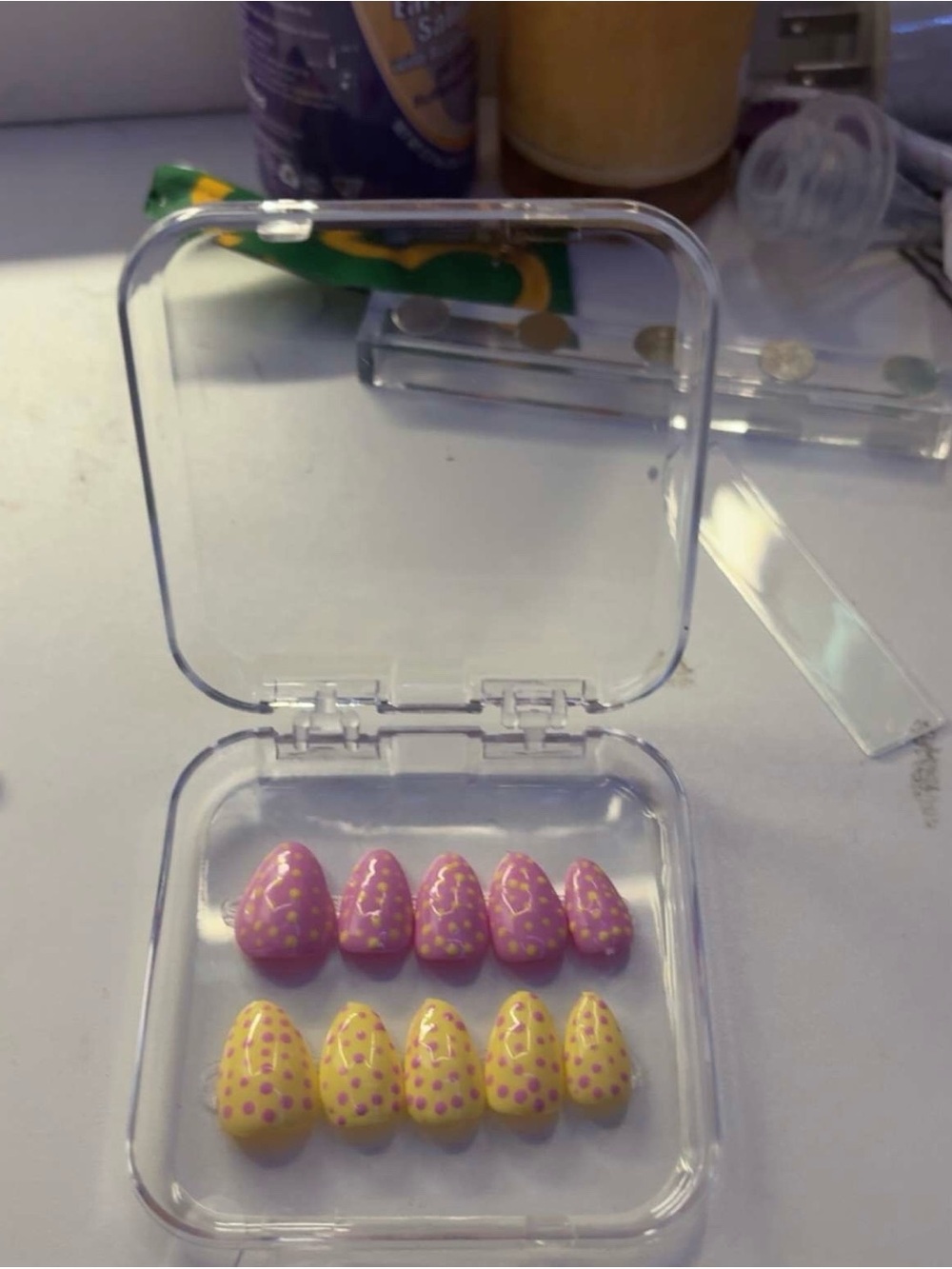 Kids Press-On Nail Set โ Pink & Yellow Polka Dot Design